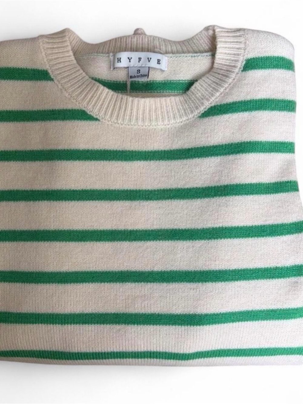Adorable women’s Sz. S cream + green striped sweater by HYFVE. Soft knit.